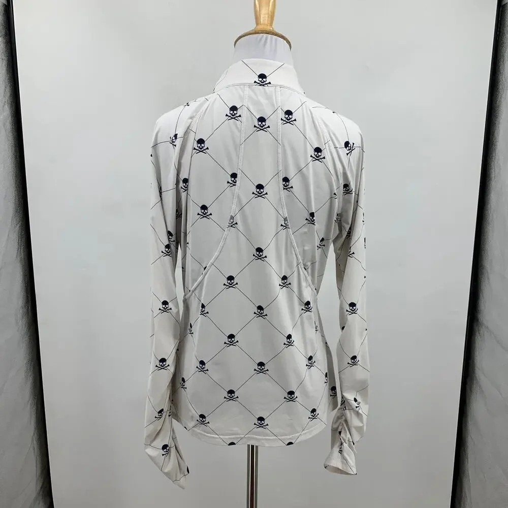 G/Fore Top Womens M Medium White Navy Skull Motif 1/4 Zip Ruched Long Sleeves